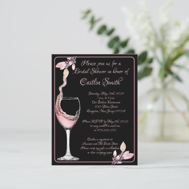 Floral Toast Formal Black and Rose Bridal Shower Invitation (Standing Front)