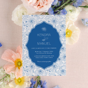 Floral Toile Fancy French Blue Wedding Invitation