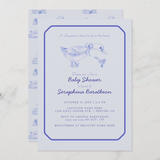 Floral Toile Silly Goose Baby Shower Invitation (Front/Back)