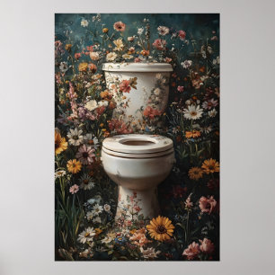 Floral Toilet Print, Vintage Bathroom Poster, Dark Poster