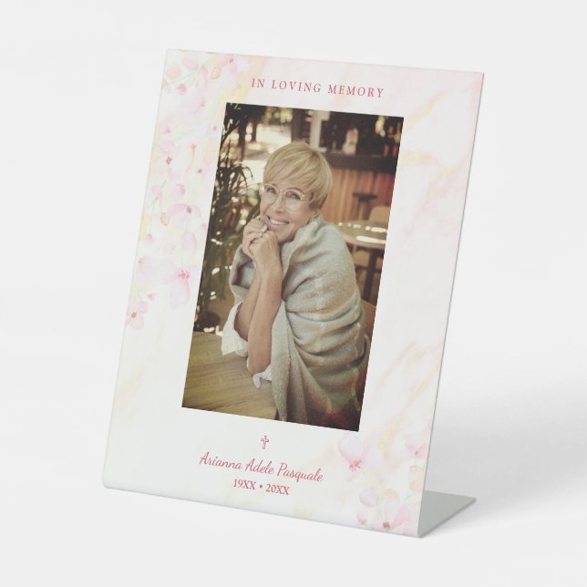 Floral Traditional & Elegant Pink Photo Funeral Pedestal Sign (Front)