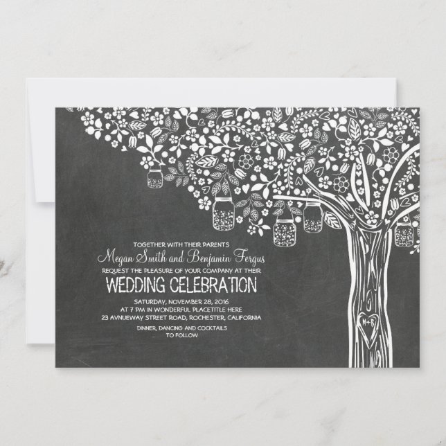 Floral Tree Mason Jar Lights Chalkboard Wedding Invitation (Front)