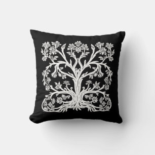 Floral Tree of Life in White on Black Cushion