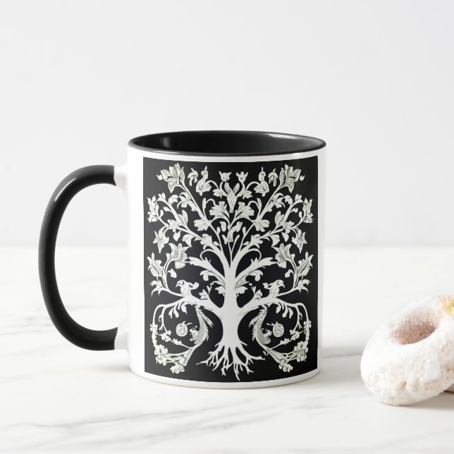 Floral Tree of Life in White on Black Mug (With Donut)