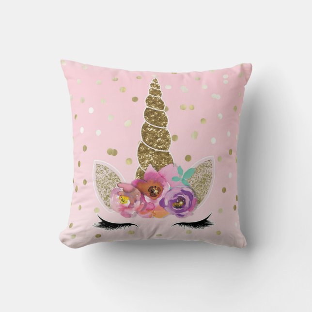 Floral Trendy Modern Unicorn Horn Gold Confetti Cushion (Front)