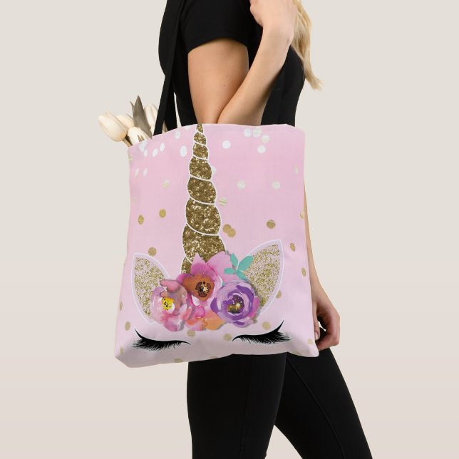 Floral Trendy Modern Unicorn Horn Gold Confetti Tote Bag (Close Up)