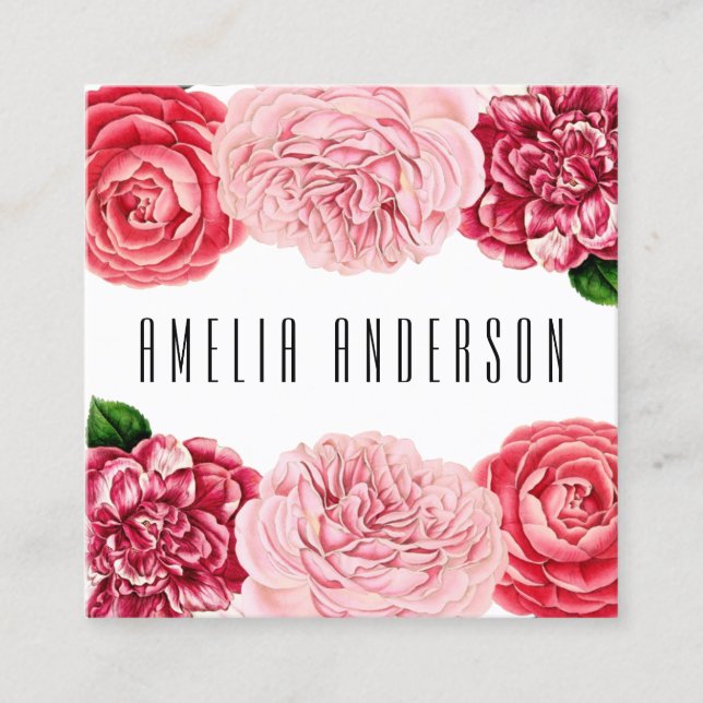 Floral trendy pink rose flowers business card (Front)