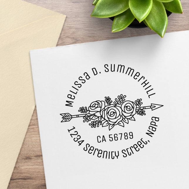 Floral Tribal Arrow, Rose Flowers Round Address Rubber Stamp (Creator Uploaded)