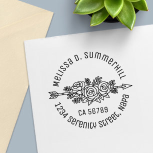 Floral Tribal Arrow, Rose Flowers Round Address V2 Self-inking Stamp