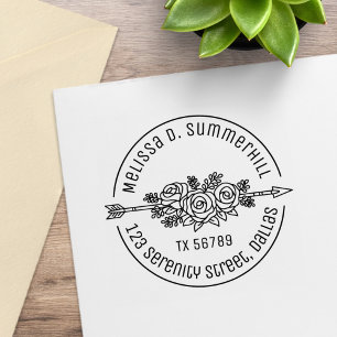 Floral Tribal Arrow Rose Flowers Round Address V2b Rubber Stamp