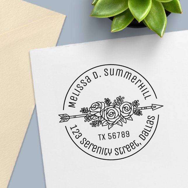Floral Tribal Arrow Rose Flowers Round Address V2c Self-inking Stamp (Creator Uploaded)