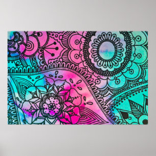 Floral Tribal Pattern Pink and Aqua Poster