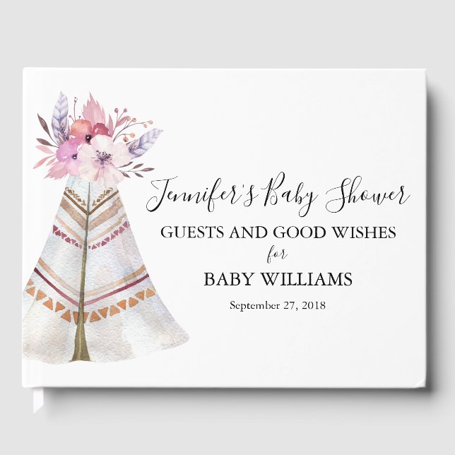 Floral Tribal Teepee Baby Shower Guest Book (Front)