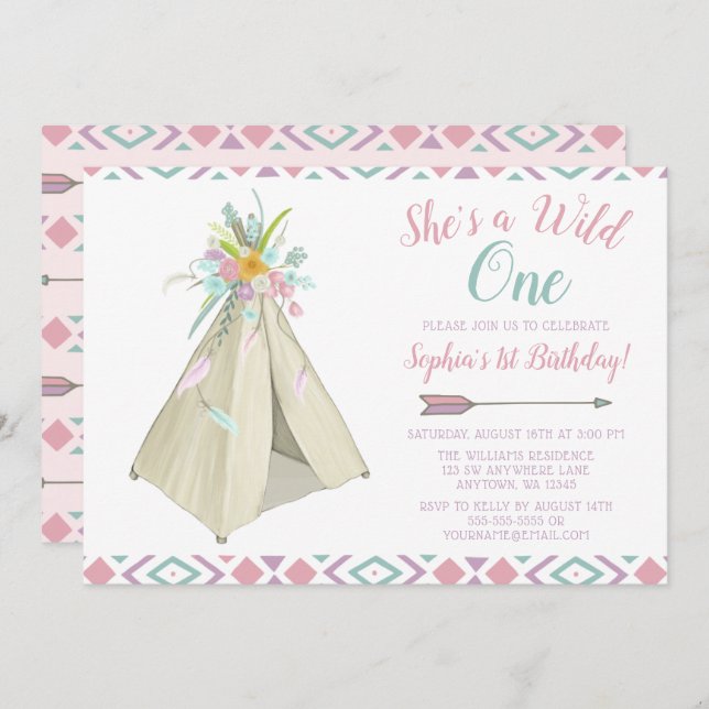 Floral Tribal Teepee Wild One 1st Birthday Invite (Front/Back)