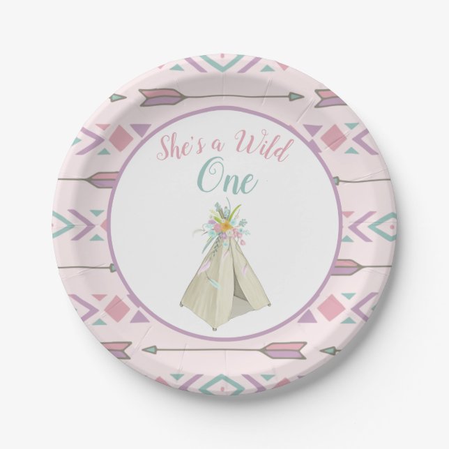 Floral Tribal Teepee Wild One 1st Birthday Paper Plate (Front)