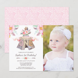 Floral Tribal Teepee Wild One 1st Birthday Photo Invitation