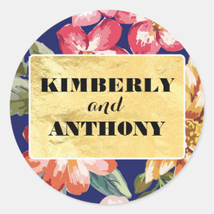 floral tropical beach navy and gold wedding classic round sticker