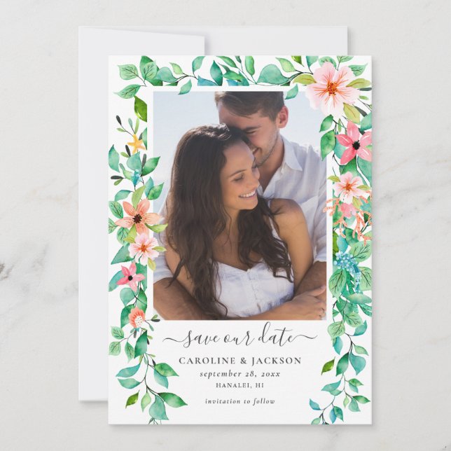 Floral Tropical Beach Photo Save the Date Invitation (Front)