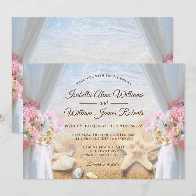 Floral Tropical Beach Starfish Wedding Invitation (Front/Back)