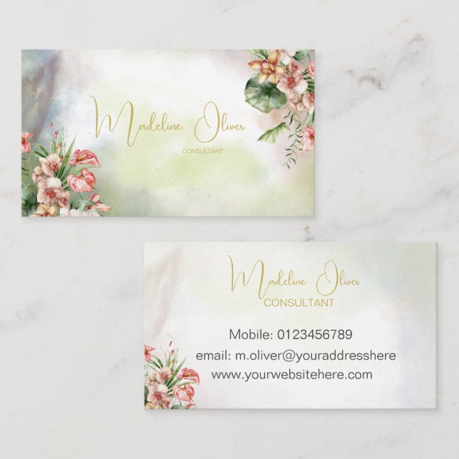 Floral Tropical Botanical Elegant Modern Business Card (Front/Back)