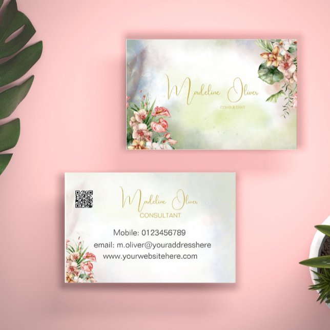 Floral Tropical Botanical Modern QR Code  Business Card (Creator Uploaded)