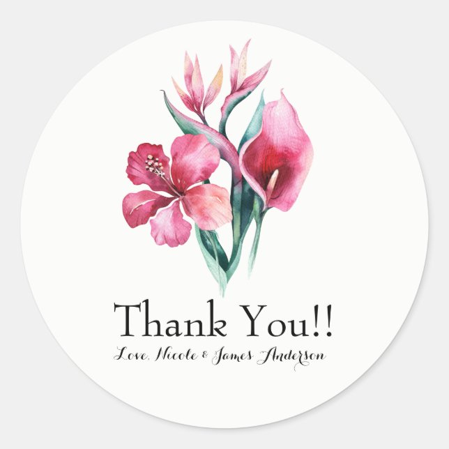 Floral Tropical Bouquet Elegant Wedding Favour Classic Round Sticker (Front)
