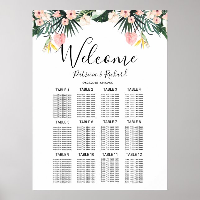 Floral Tropical Destination Wedding Seating Chart (Front)