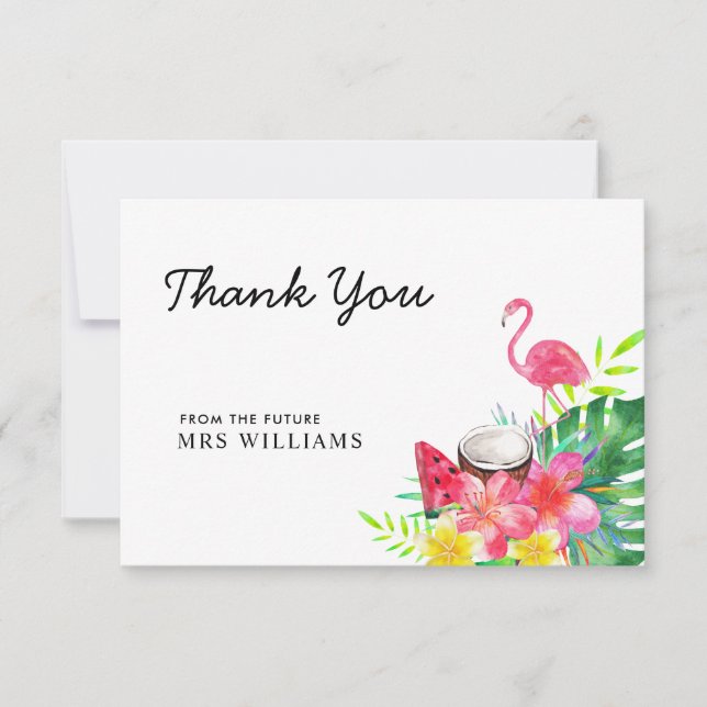 Floral Tropical Flamingo Palm Leaves Thank You Card (Front)