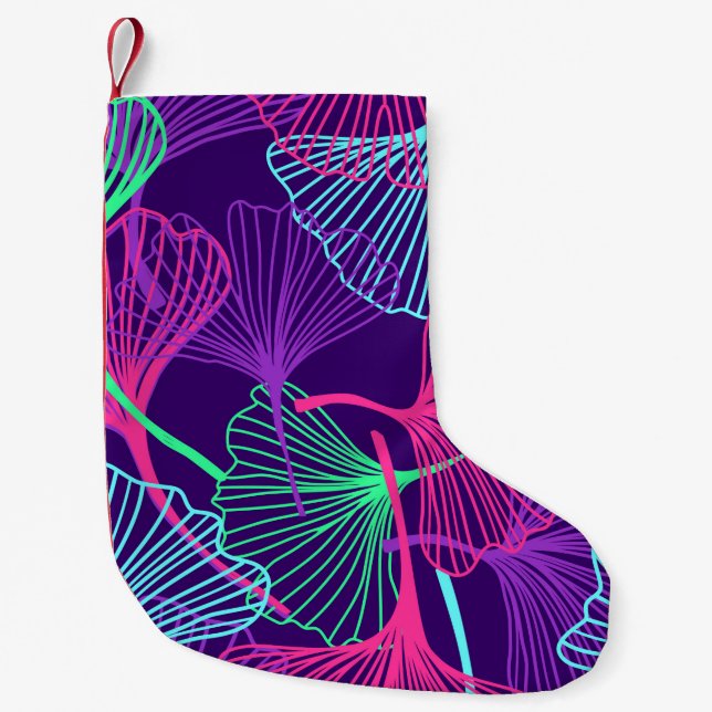 Floral Tropical Gingko Leaves background in neon c Small Christmas Stocking (Front)