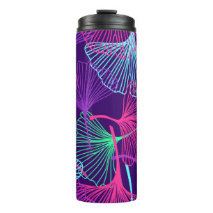 Floral Tropical Gingko Leaves background in neon c Thermal Tumbler
