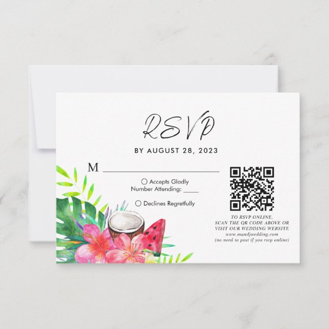 Floral Tropical Hawaiian QR Code Wedding Rsvp (Front)