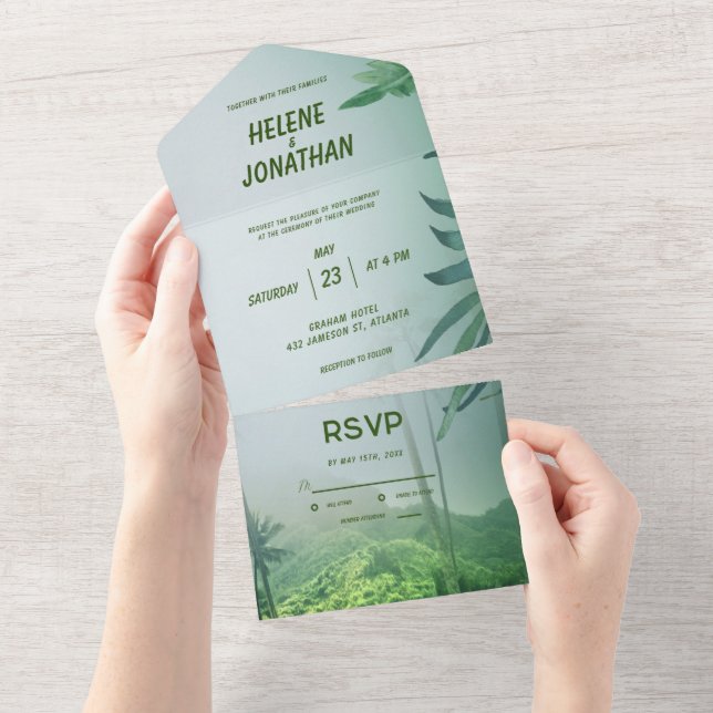 Floral Tropical Palm Tree Green Beach Wedding All In One Invitation (Tearaway)