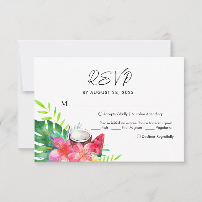 Floral Tropical Paradise Palm Leaves Wedding RSVP (Front)