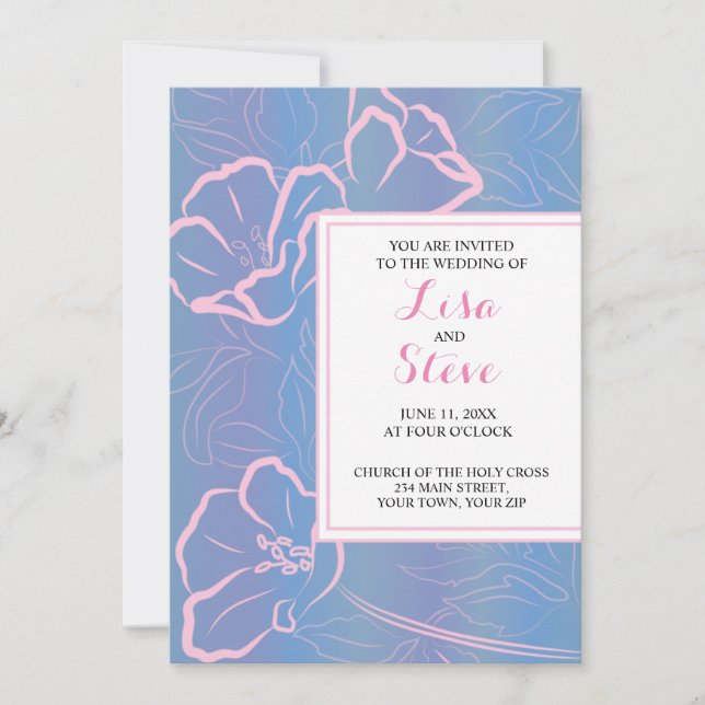 Floral Tropical Periwinkle and Pink Wedding Invitation (Front)