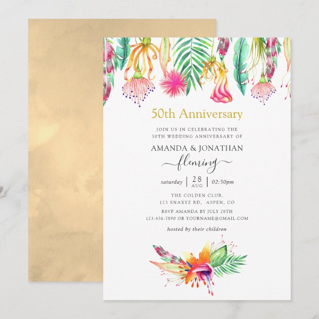 Floral Tropical Summer 50th Wedding Anniversary Invitation (Front/Back)