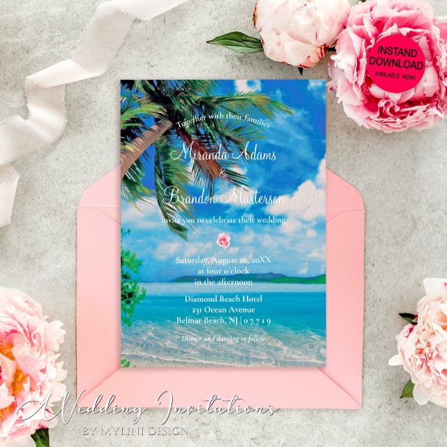 Floral Tropical Summer Palm Beach Wedding Invitation (Creator Uploaded)