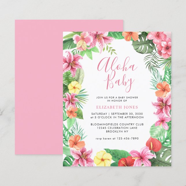 Floral Tropical Summer Pink Aloha Baby Shower (Front/Back)