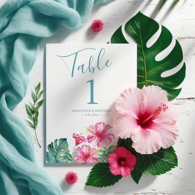 Floral Tropical Wedding Table Number (Destination weddings table number tropical pink hibiscus flower watercolor art Victoria Grigaliunas)