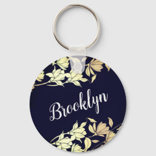 Floral Tulip Flowers Elegant Gold Navy Blue Name Key Ring