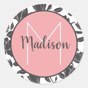Floral Tulip Flowers Pastel Pink Monogrammed Name Classic Round Sticker