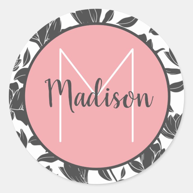 Floral Tulip Flowers Pastel Pink Monogrammed Name  Classic Round Sticker (Front)
