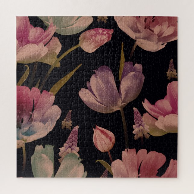 Floral tulips, muscari: vintage seamless jigsaw puzzle (Vertical)