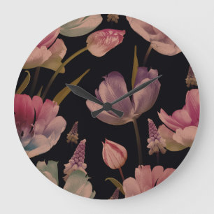 Floral tulips, muscari: vintage seamless large clock
