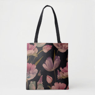Floral tulips, muscari: vintage seamless tote bag