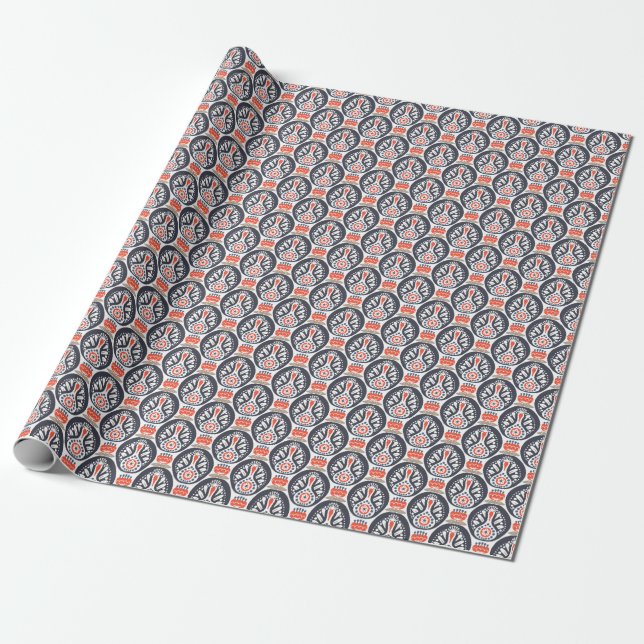 Floral Turkey Folk Art Pattern Wrapping Paper (Unrolled)