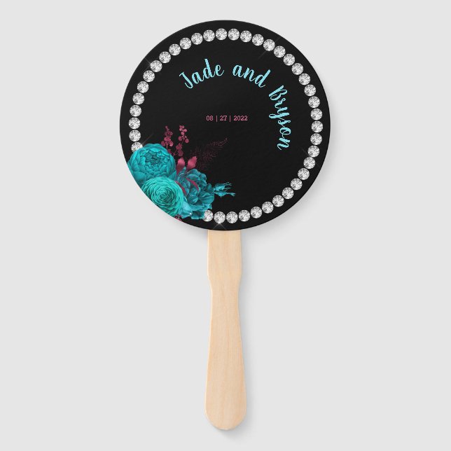 Floral Turquoise and Mauve Elegant Rhinestone  Hand Fan (Front)