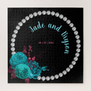 Floral Turquoise and Mauve Elegant Rhinestone   Jigsaw Puzzle