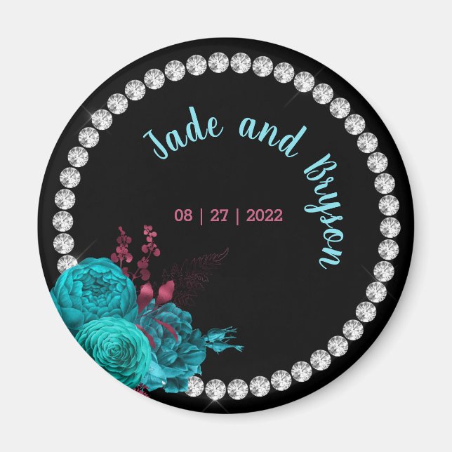 Floral Turquoise and Mauve Elegant Rhinestone  Magnet (Front)