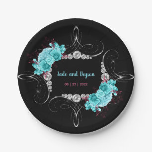 Floral Turquoise and Mauve Elegant Rhinestone   Paper Plate