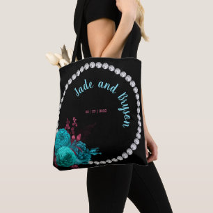 Floral Turquoise and Mauve Elegant Rhinestone Tote Bag